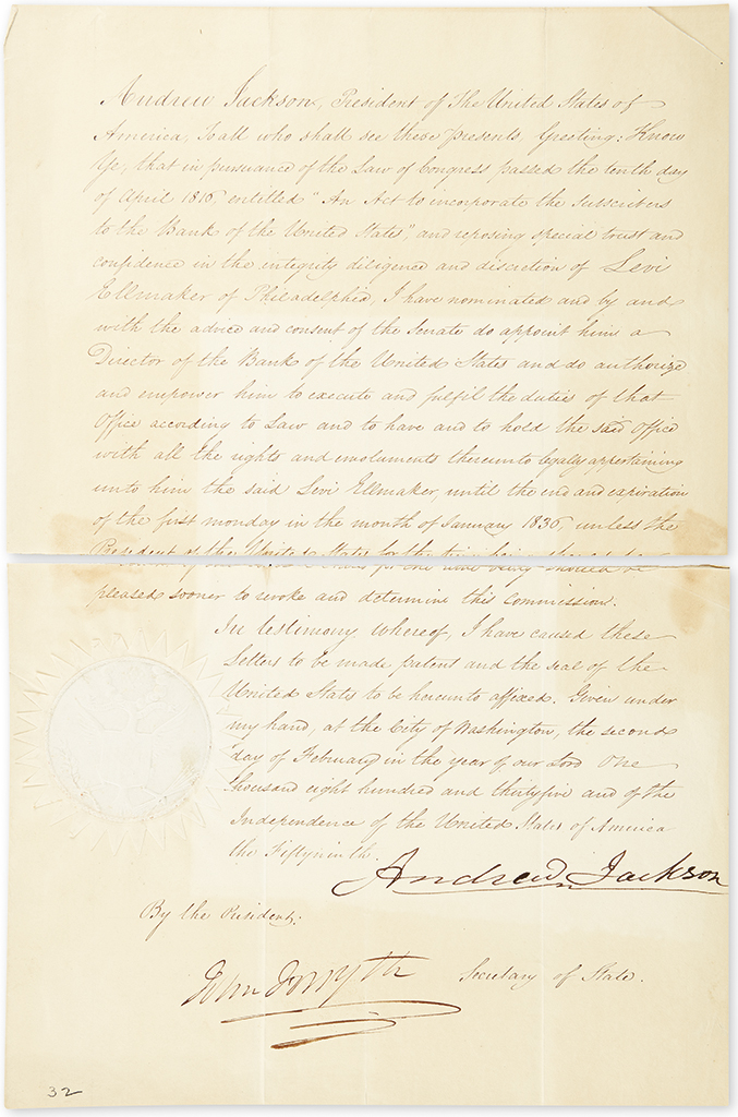 JACKSON, ANDREW. Document Signed, as President, appointing Levi Ellmaker a Director of the Bank of the United States.